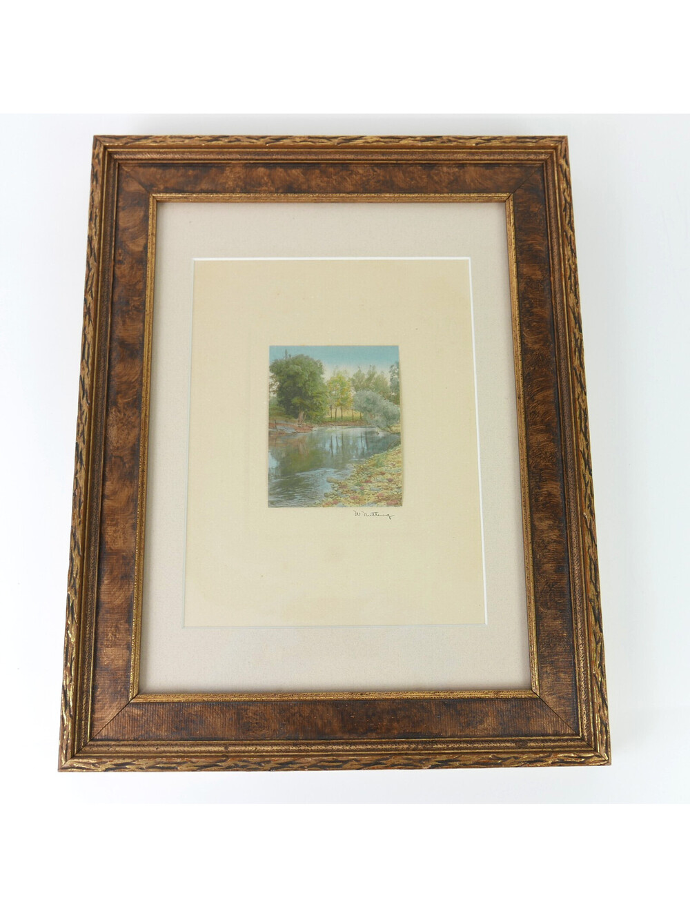 Wallace Nutting Hand Colored Photograph Antique Print Trees Pond Swimming Framed